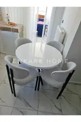 Badem Masa Sandalye Takımı, Yuvarlak Masa Takımı, Teddy Kumaş, 4 Kişilik, İskandinav, 90x90