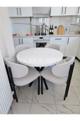 Badem Masa Sandalye Takımı, Yuvarlak Masa Takımı, Teddy Kumaş, 4 Kişilik, İskandinav, 90x90