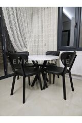 Papatya Masa Sandalye Takımı, Mdf Masa, Siyah Deri Sandalye, Metal Ayak, Temizliği kolay