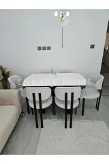 X Ayaklı Gloss Masa Teddy Kumaş Badem Sandalye, Açılır Mdf Masa Takımı 6 Kişilik