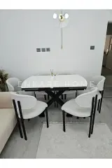 X Ayaklı Gloss Masa Teddy Kumaş Badem Sandalye, Açılır Mdf Masa Takımı 6 Kişilik