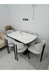 X Ayaklı Gloss Masa Teddy Kumaş Badem Sandalye, Açılır Mdf Masa Takımı 6 Kişilik