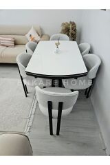 X Ayaklı Gloss Masa Teddy Kumaş Badem Sandalye, Açılır Mdf Masa Takımı 6 Kişilik