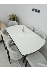 X Ayaklı Gloss Masa Teddy Kumaş Badem Sandalye, Açılır Mdf Masa Takımı 6 Kişilik