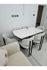 X Ayaklı Gloss Masa Teddy Kumaş Badem Sandalye, Açılır Mdf Masa Takımı 6 Kişilik