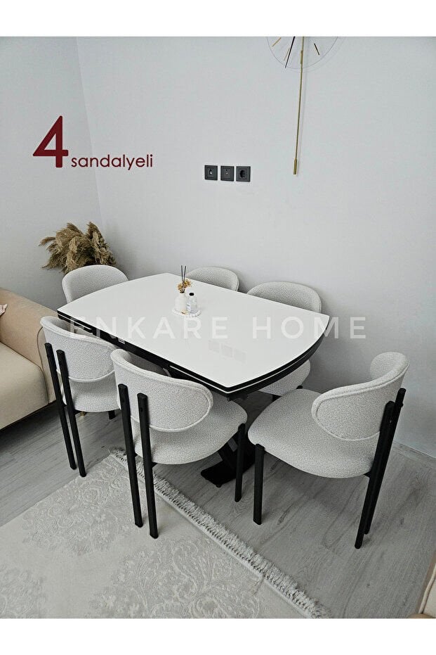 X Ayaklı Beyaz Masa Teddy Badem Sandalye Takımı, Mdf Açılabilir Mutfak Masası, 80x130-190