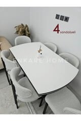 X Ayaklı Beyaz Masa Teddy Badem Sandalye Takımı, Mdf Açılabilir Mutfak Masası, 80x130-190