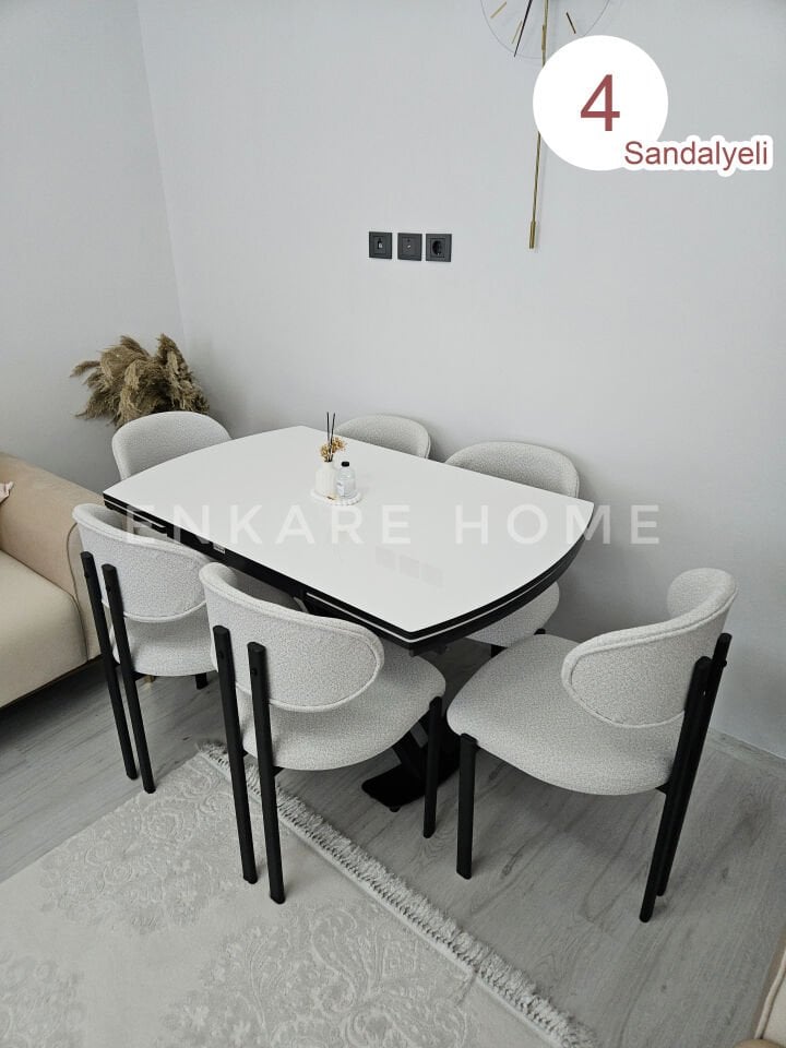 X Ayaklı Beyaz Masa Teddy Badem Sandalye Takımı, Mdf Açılabilir Mutfak Masası, 80x130-190