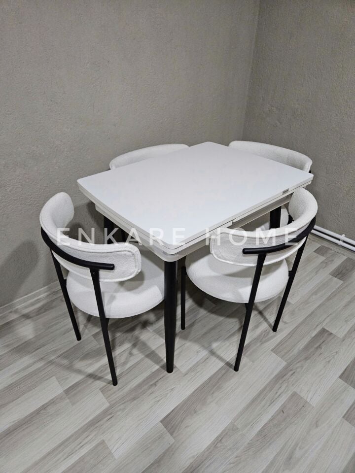 Beyaz Küçük Mdf Masa, Elisa Sandalye Takımı, Açılabilir Masa, 4 Kişilik Yemek Masası, 68x90