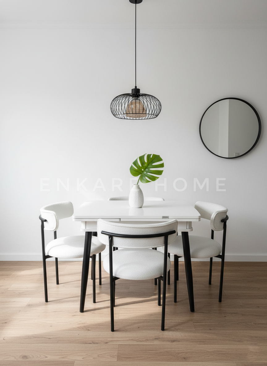 Beyaz Küçük Mdf Masa, Elisa Sandalye Takımı, Açılabilir Masa, 4 Kişilik Yemek Masası, 68x90