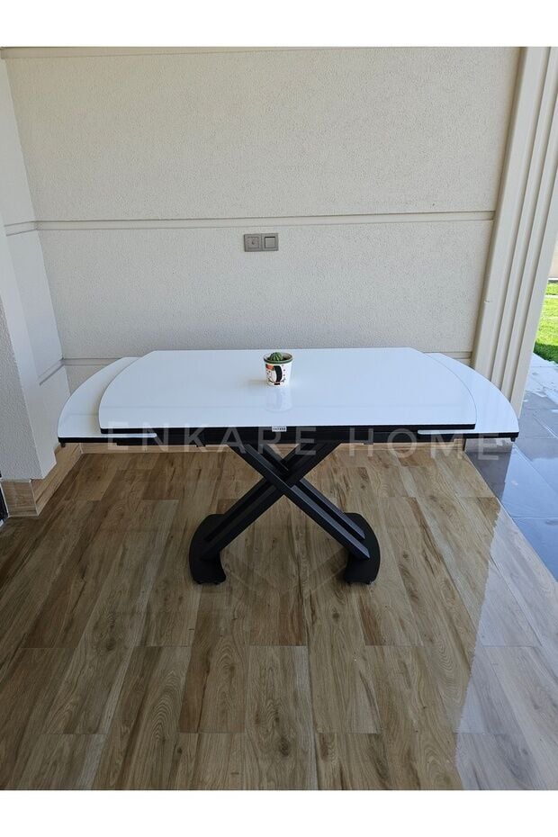 X Ayaklı Beyaz Masa, Mdf Açılabilir Salon ve Mutfak Masası 80x130-190