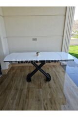 X Ayaklı Beyaz Masa, Mdf Açılabilir Salon ve Mutfak Masası 80x130-190