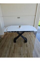 X Ayaklı Beyaz Masa, Mdf Açılabilir Salon ve Mutfak Masası 80x130-190