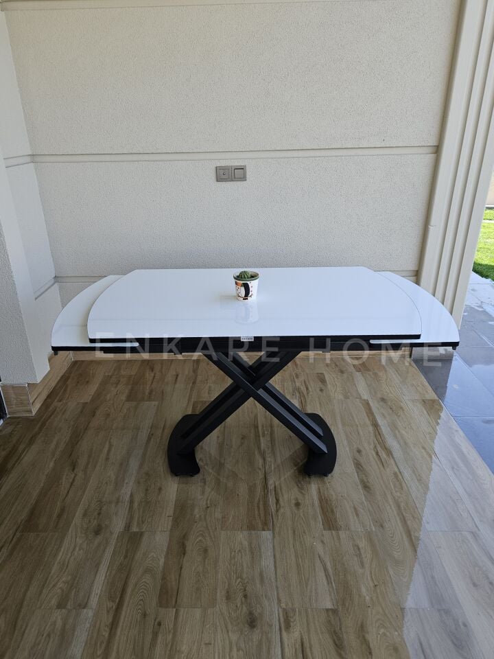 Beyaz X Ayaklı Gloss Masa, Mdf Açılabilir Salon ve Mutfak Masası 80x130-190