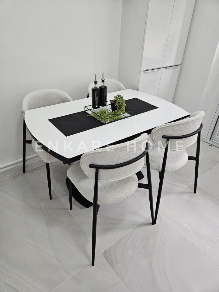 X Ayaklı Gloss Masa & Sera Sandalye Takımı | Açılır Mdf Masa + 4 Sandalye | 80x130-190 |Mutfak Salon