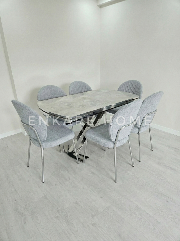 X Ayaklı Gloss Masa & Midye Sandalye | 6 Kişilik Masa Takımı | Mutfak&Salon | 80x130-190 cm