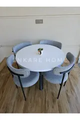 Enkare Elisa Yuvarlak Masa Sandalye Takımı, 4 Kişilik Mdf Yuvarlak Beyaz Mutfak Masası, 4 Adet Gri Sandalye 90*90