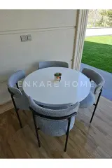 Enkare Elisa Yuvarlak Masa Sandalye Takımı, 4 Kişilik Mdf Yuvarlak Beyaz Mutfak Masası, 4 Adet Gri Sandalye 90*90