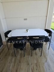 X Ayaklı Gloss Masa & Elisa Sandalye - Siyah Kumaş | 80x130-190 cm | Çift Kanat Açılır | Mutfak Salon