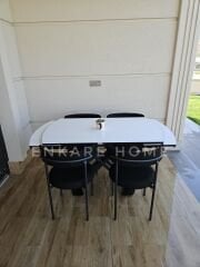 X Ayaklı Gloss Masa & Elisa Sandalye - Siyah Kumaş | 80x130-190 cm | Çift Kanat Açılır | Mutfak Salon