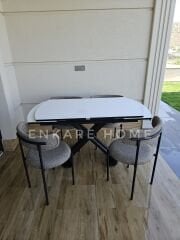 X Ayaklı Gloss Masa & Elisa Sandalye - Kapiçino Kumaş | 80x130-190 cm | Çift Kanat Açılır | Mutfak Salon