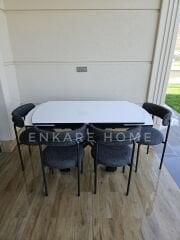 X Ayaklı Gloss Masa & Elisa Sandalye - Antrasit Kumaş | 80x130-190 cm | Çift Kanat Açılır | Mutfak Salon