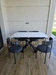 X Ayaklı Gloss Masa & Elisa Sandalye - Antrasit Kumaş | 80x130-190 cm | Çift Kanat Açılır | Mutfak Salon