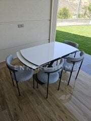 X Ayaklı Gloss Masa & Elisa Sandalye - Gri Kumaş 4 kişilik Masa Sandalye Takımı | 80x130-190 cm | Çift Kanat Açılır | Mutfak Salon