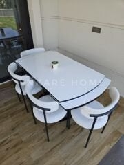 X Ayaklı Gloss Masa & Elisa Sandalye - Beyaz Kumaş | 80x130-190 cm | Çift Kanat Açılır | Mutfak Salon