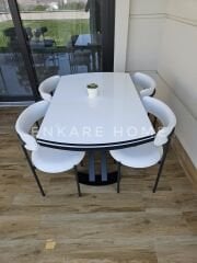 X Ayaklı Gloss Masa & Elisa Sandalye - Beyaz Kumaş | 80x130-190 cm | Çift Kanat Açılır | Mutfak Salon