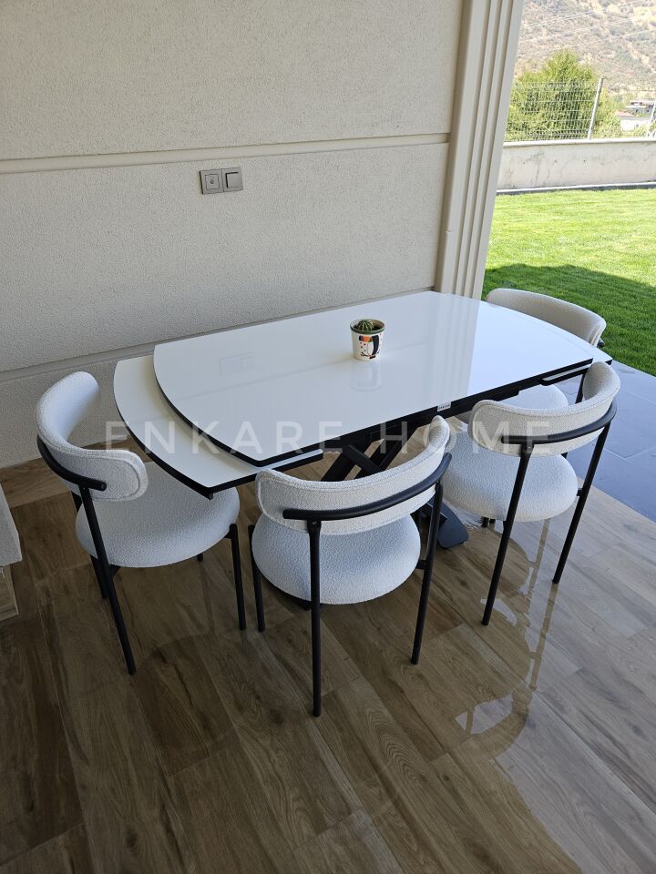X Ayaklı Gloss Masa & Elisa Sandalye - Beyaz Kumaş 4 kişilik | 80x130-190 cm | Çift Kanat Açılır | Mutfak & Salon | Masa Sandalye Takımı
