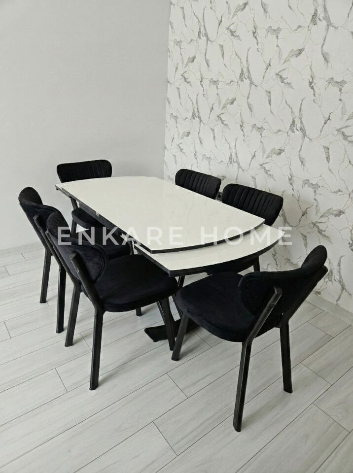 X Ayaklı Gloss Masa & Papatya Sandalye | 6 Kişilik Masa Sandalye Takımı | Siyah