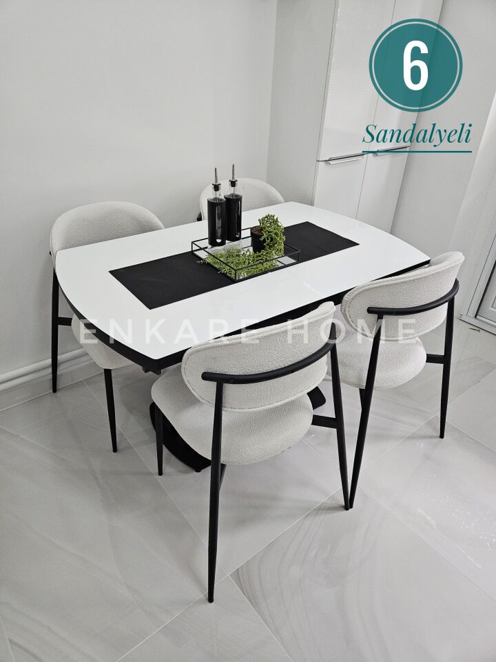 X Ayaklı Gloss Masa & Sera Sandalye Takımı | 6 Kişilik Masa Sandalye - Açılır Mdf Masa + 6 Sandalye | 80x130-190 |Mutfak Salon