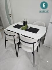 X Ayaklı Gloss Masa & Sera Sandalye Takımı | Açılır Mdf Masa + 6 Sandalye | 80x130-190 |Mutfak Salon