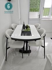X Ayaklı Gloss Masa & Sera Sandalye Takımı | Açılır Mdf Masa + 6 Sandalye | 80x130-190 |Mutfak Salon