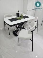 X Ayaklı Gloss Masa & Sera Sandalye Takımı | Açılır Mdf Masa + 6 Sandalye | 80x130-190 |Mutfak Salon