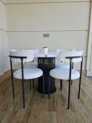 Sur Yuvarlak Masa ve 4 Adet Elisa Teddy Sandalye - 90 cm MDF Sütun Mantar Ayaklı Bohem Mutfak Takımı