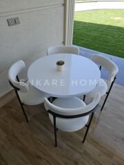 Sur Yuvarlak Masa ve 4 Adet Elisa Teddy Sandalye - 90 cm MDF Sütun Mantar Ayaklı Bohem Mutfak Takımı