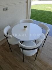 Sur Yuvarlak Masa ve 4 Adet Elisa Teddy Sandalye - 90 cm MDF Sütun Mantar Ayaklı Bohem Mutfak Takımı