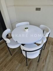 Sur Yuvarlak Masa ve 4 Adet Elisa Teddy Sandalye - 90 cm MDF Sütun Mantar Ayaklı Bohem Mutfak Takımı