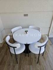 Sur Yuvarlak Masa ve 4 Adet Elisa Teddy Sandalye - 90 cm MDF Sütun Mantar Ayaklı Bohem Mutfak Takımı