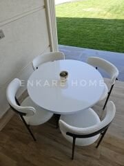 Sur Yuvarlak Masa ve 4 Adet Elisa Teddy Sandalye - 90 cm MDF Sütun Mantar Ayaklı Bohem Mutfak Takımı