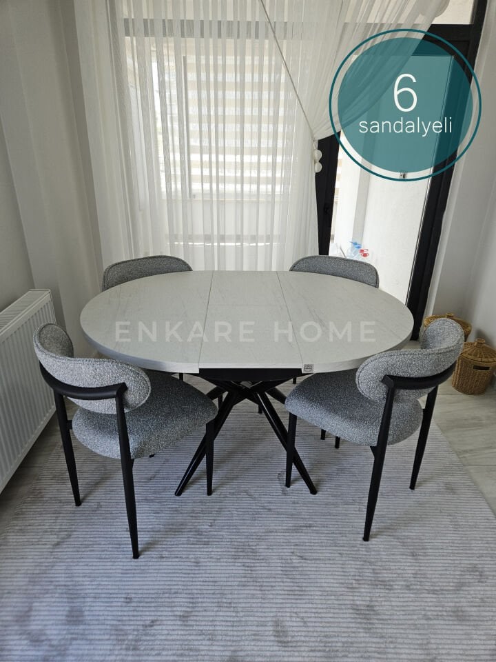 Oliva Masa Polo Sandalye Takımı | 6 Kişilik - Masa Sandalye Takımı | Açılabilir Yuvarlak Mdf Masa + 6 Adet Sandalye | 100x100