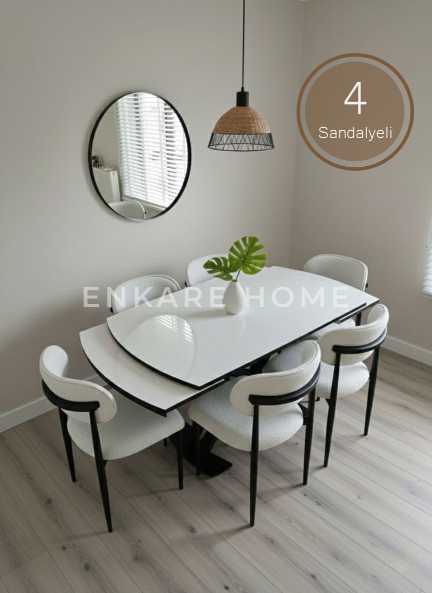 X Ayaklı Gloss Masa ve Polo Sandalye Takımı - Masa + 4 Sandalye - Çift Açılır Mutfak Masa Sandalye Takımı