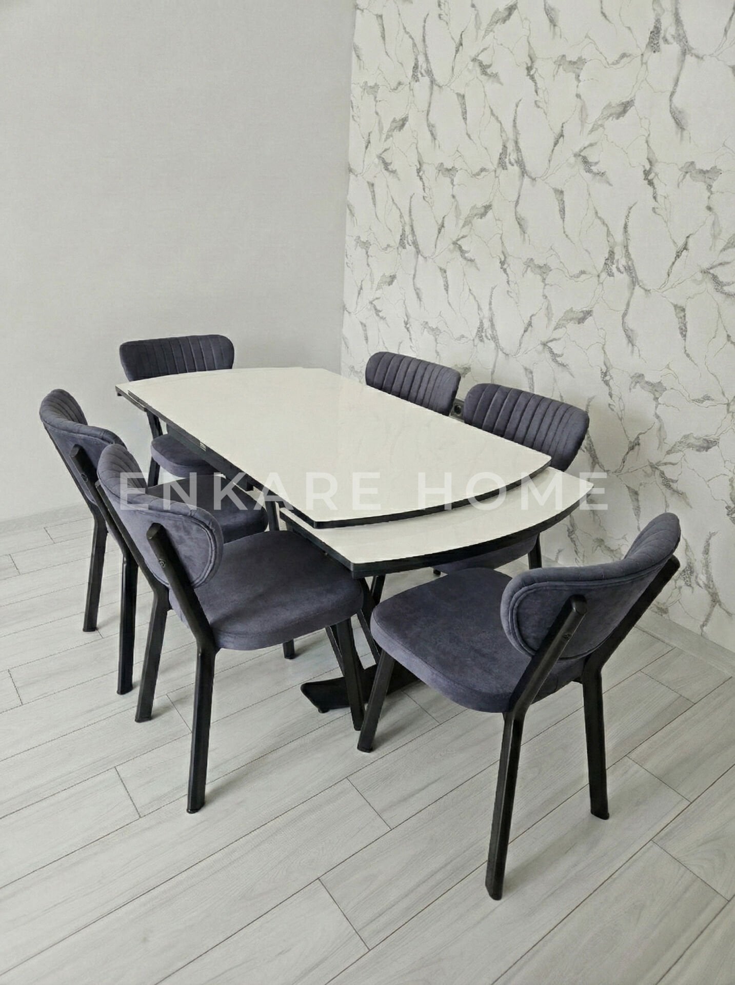 X Ayaklı Gloss Masa & Papatya Sandalye | 6 Kişilik Mutfak Masa Sandalye Takımı - Gri