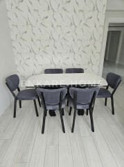 X Ayaklı Gloss Masa & Papatya Sandalye | 6 Kişilik Mutfak Masa Sandalye Takımı - Gri