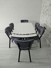 X Ayaklı Gloss Masa & Papatya Sandalye | 6 Kişilik Mutfak Masa Sandalye Takımı - Gri