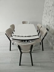 X Ayaklı Gloss Masa & Papatya Sandalye | 6 Kişilik Mutfak Masa Sandalye Takımı - Krem