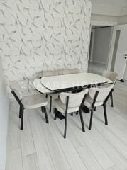 X Ayaklı Gloss Masa & Papatya Sandalye | 6 Kişilik Mutfak Masa Sandalye Takımı - Krem