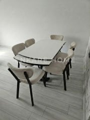 X Ayaklı Gloss Masa & Papatya Sandalye | 6 Kişilik Mutfak Masa Sandalye Takımı - Krem